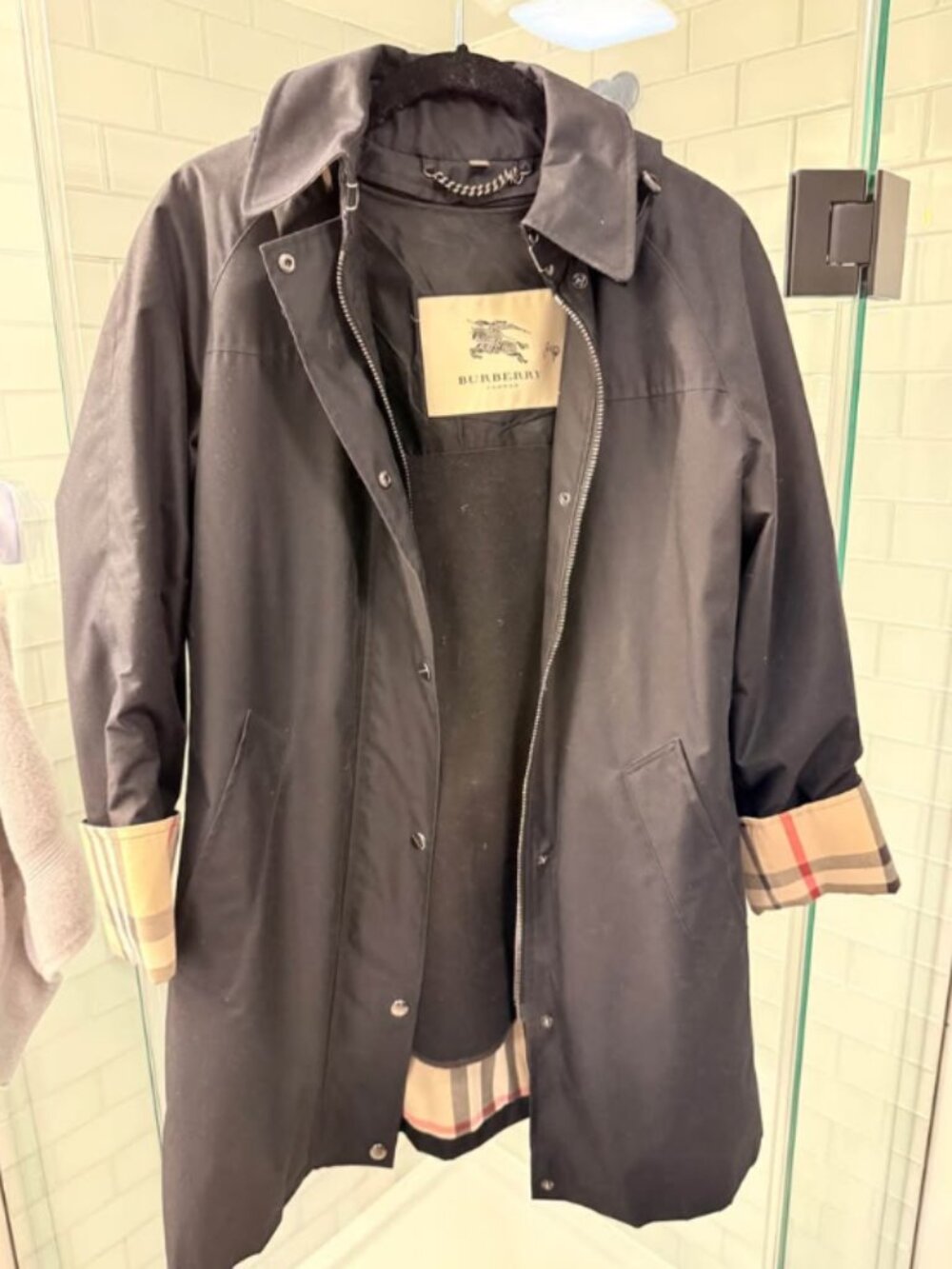 Burberry London Black Hooded Trench Coat with Nova Check Lining & Removable Wool